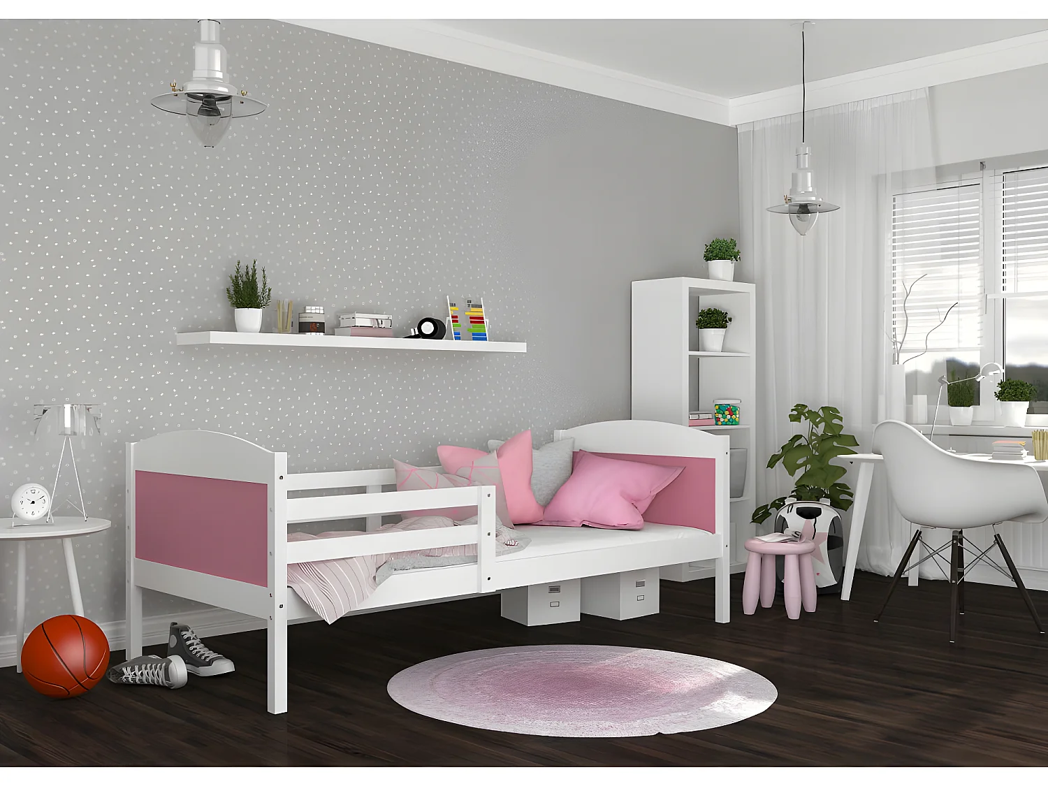 Lit Enfant Mati 90x190 Blanc - rose Livré avec sommiers
