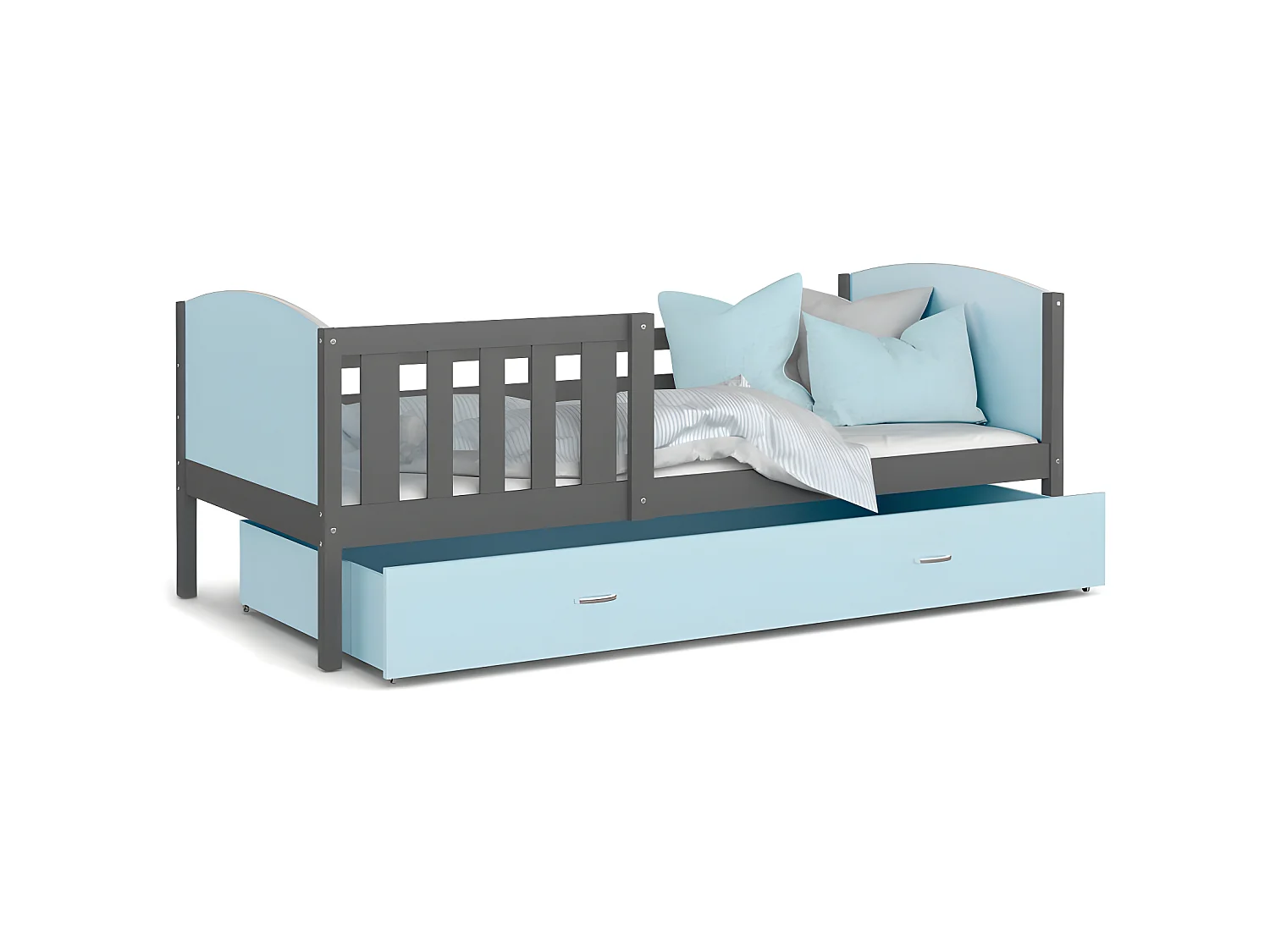 Lit Enfant Tomy 90x190 Gris - bleu Livré avec sommiers, tiroir et matelas en mousse de 7cm