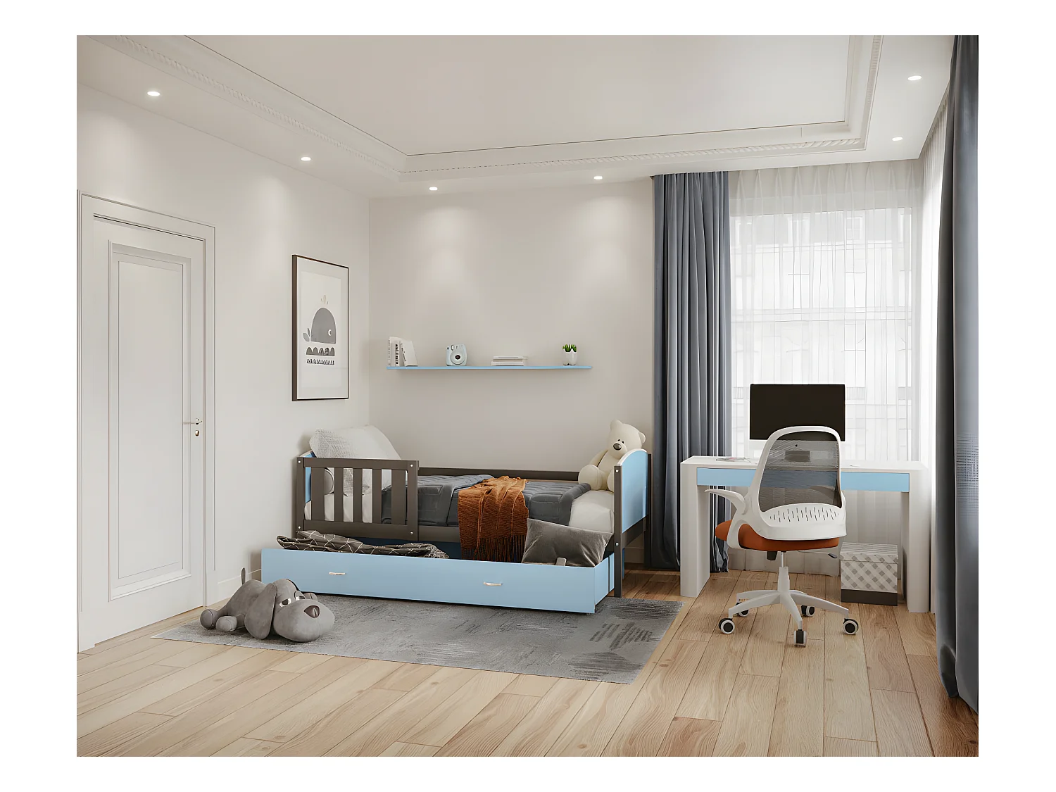 Lit Enfant Tomy 90x190 Gris - bleu Livré avec sommiers, tiroir et matelas en mousse de 7cm