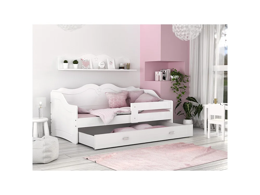 Lit Enfant Lily 80x160 Blanc Livré avec sommiers, tiroir et matelas en mousse de 7cm
