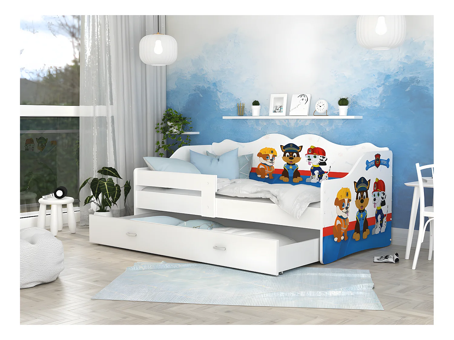 Lit Banquette Neli Pat Patrouille 80x160 Blanc Livré avec sommiers, tiroir et matelas en mousse de 7cm