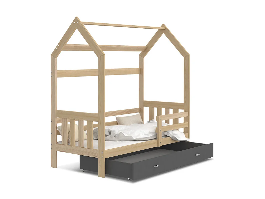 Lit Cabane 2  80x160 Pin - gris Livré avec sommiers, tiroir et matelas en mousse de 7cm
