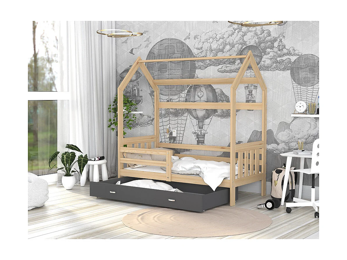 Lit Cabane 2  80x160 Pin - gris Livré avec sommiers, tiroir et matelas en mousse de 7cm
