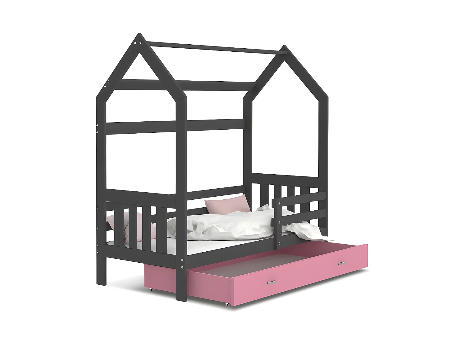 Lit Cabane 2  80x160 Gris - rose Livré avec sommiers, tiroir et matelas en mousse de 7cm