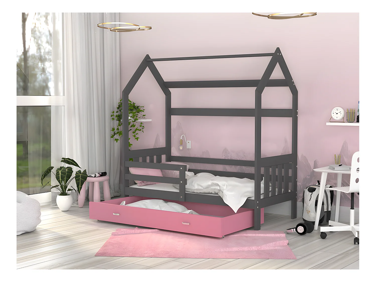 Lit Cabane 2  80x160 Gris - rose Livré avec sommiers, tiroir et matelas en mousse de 7cm