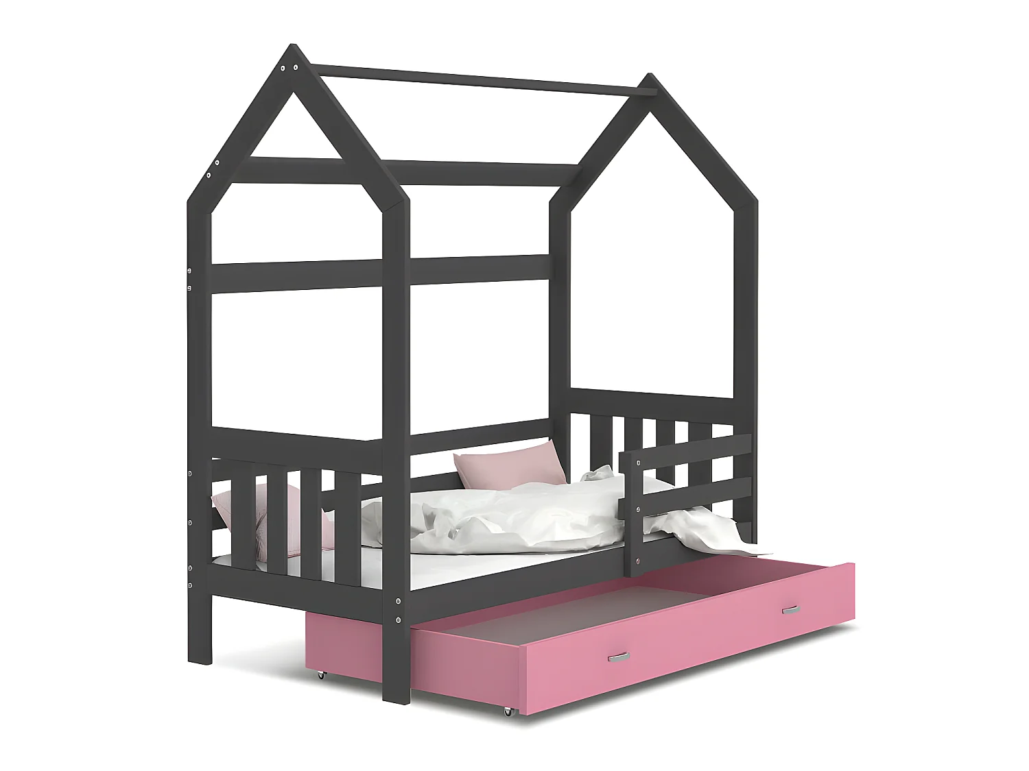 Lit Cabane 2  80x160 Gris - rose Livré avec sommiers, tiroir et matelas en mousse de 7cm