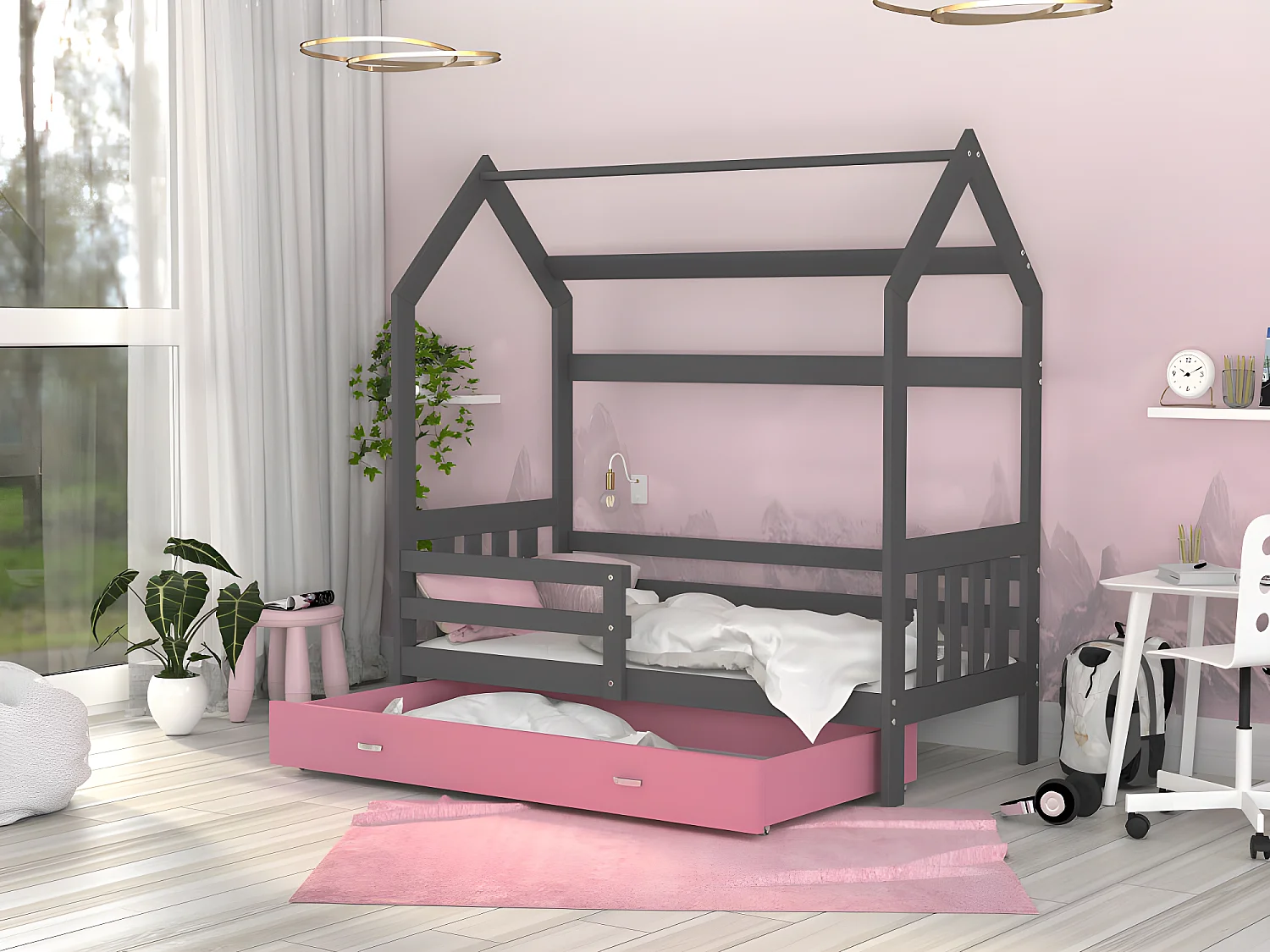 Lit Cabane 2  80x160 Gris - rose Livré avec sommiers, tiroir et matelas en mousse de 7cm