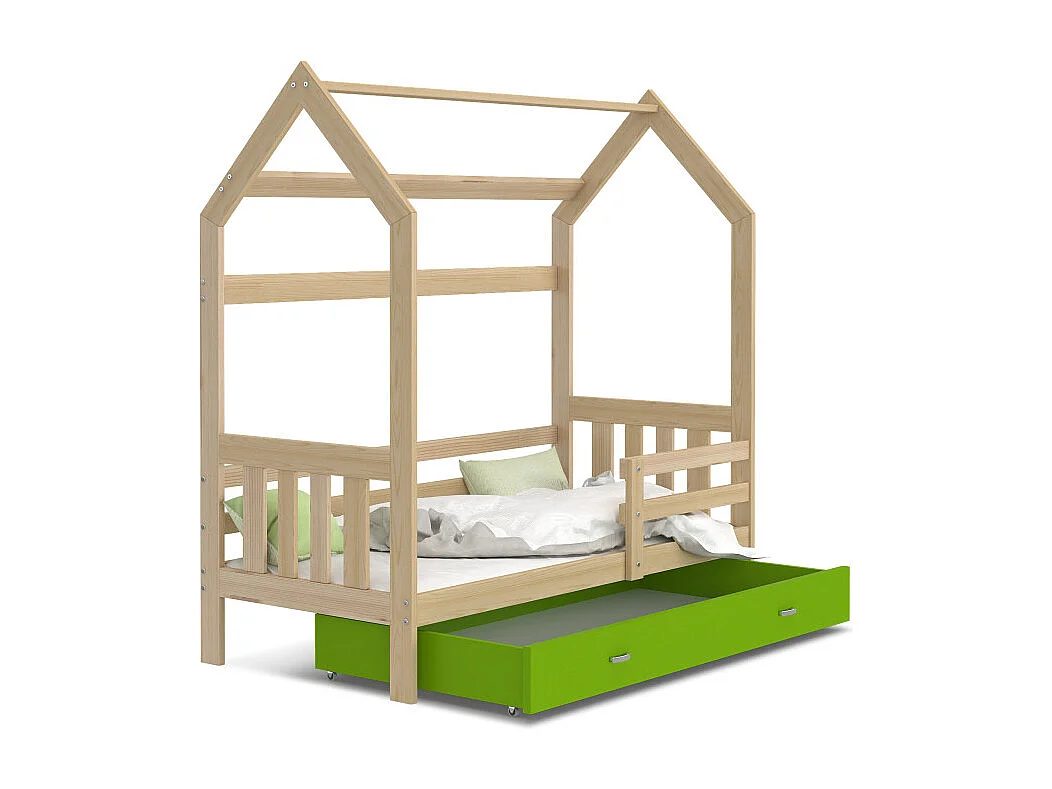Lit Cabane 2  80x160 Pin - vert Livré avec sommiers, tiroir et matelas en mousse de 7cm