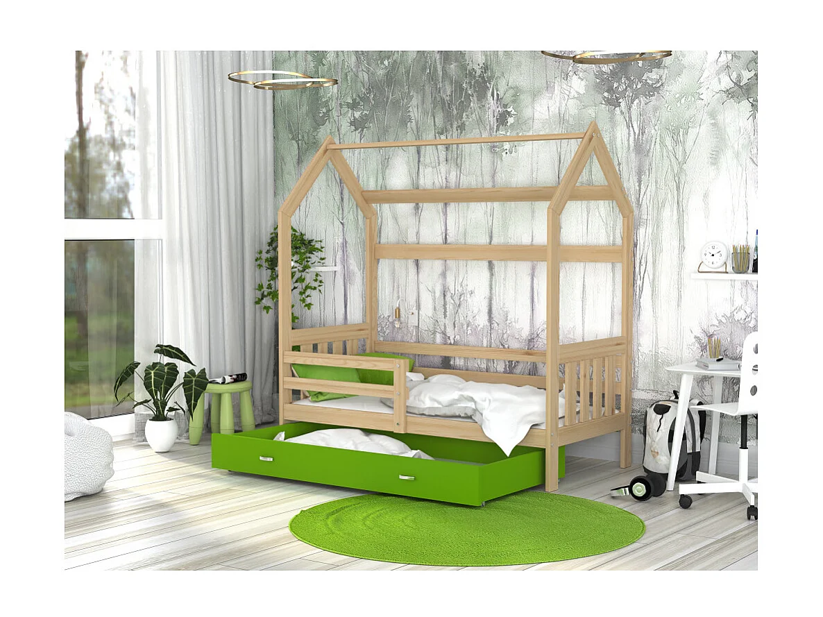 Lit Cabane 2  80x160 Pin - vert Livré avec sommiers, tiroir et matelas en mousse de 7cm