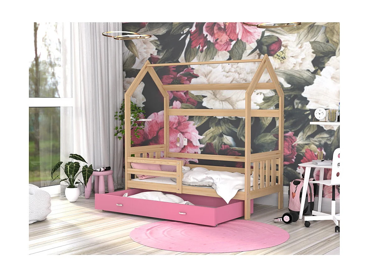 Lit Cabane 2  80x160 Pin - rose Livré avec sommiers, tiroir et matelas en mousse de 7cm