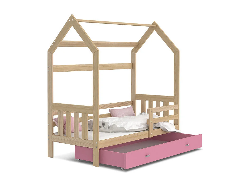 Lit Cabane 2  80x160 Pin - rose Livré avec sommiers, tiroir et matelas en mousse de 7cm