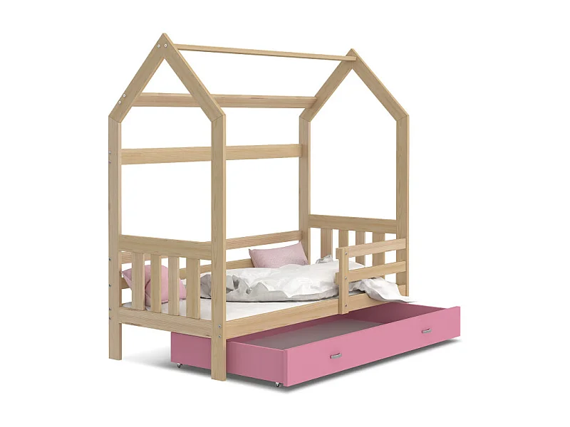 Lit Cabane 2  80x160 Pin - rose Livré avec sommiers, tiroir et matelas en mousse de 7cm