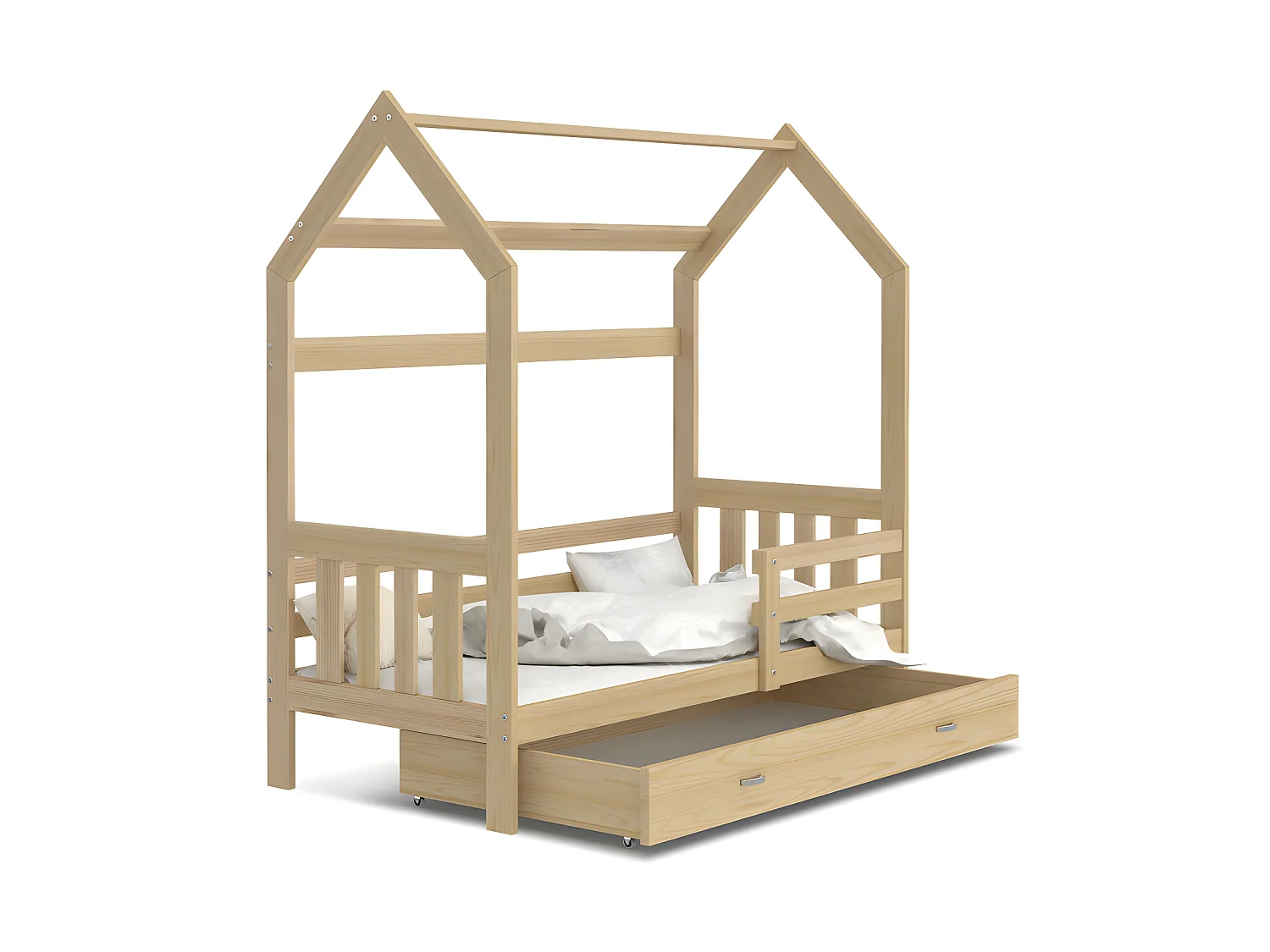Lit Cabane 2  80x160 Pin Livré avec sommiers, tiroir et matelas en mousse de 7cm