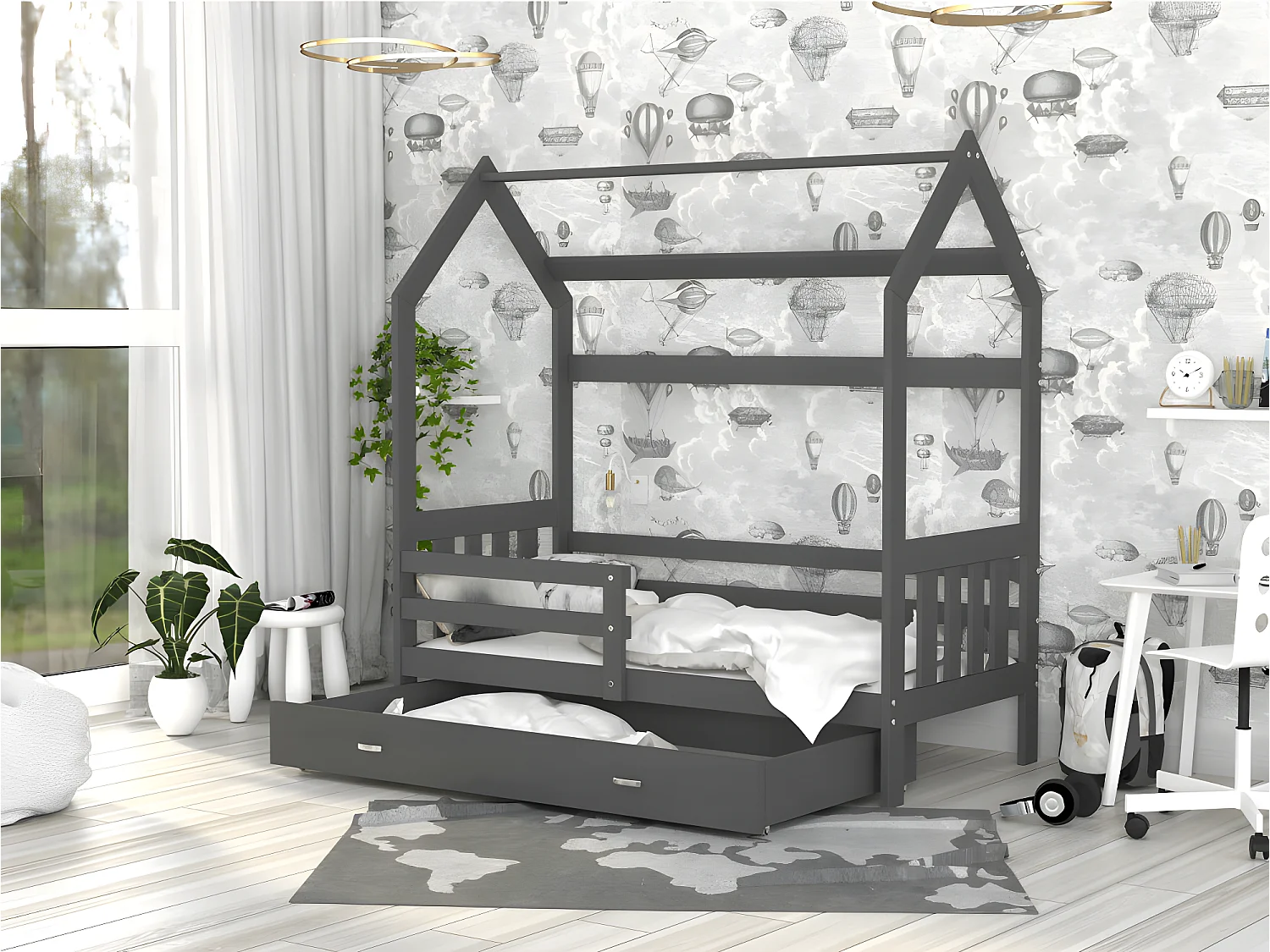 Lit Cabane 2  80x160 Gris - gris Livré avec sommiers, tiroir et matelas en mousse de 7cm