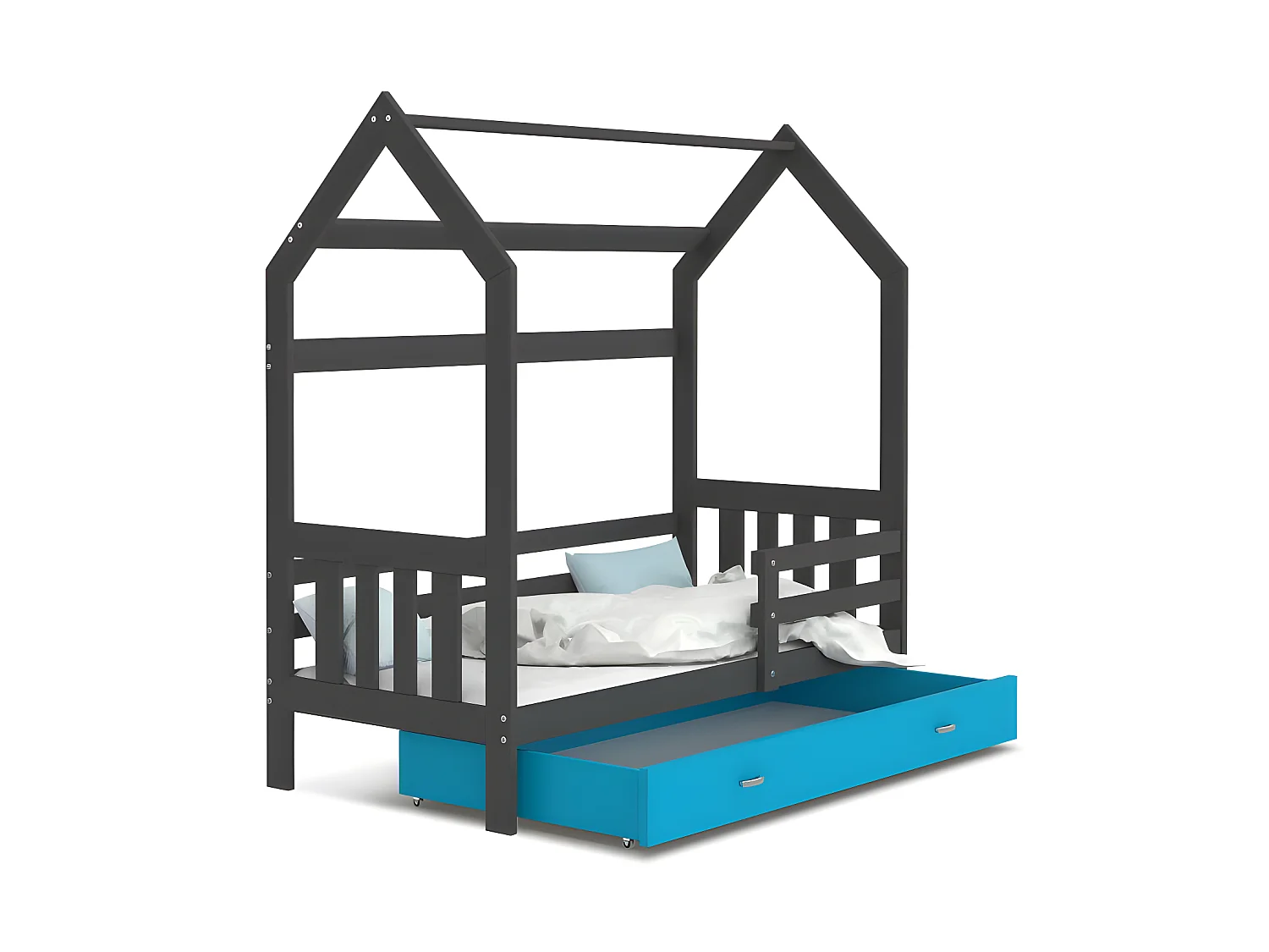 Lit Cabane 2  80x160 Gris - bleu Livré avec sommiers, tiroir et matelas en mousse de 7cm
