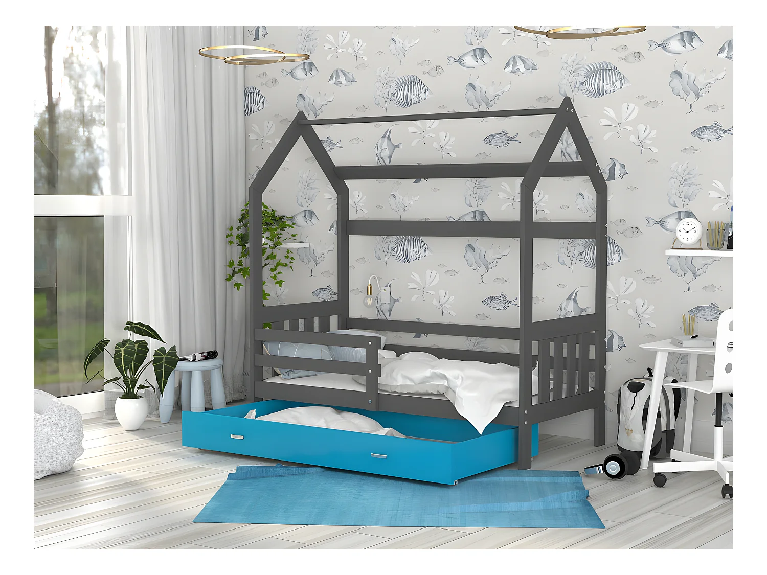 Lit Cabane 2  80x160 Gris - bleu Livré avec sommiers, tiroir et matelas en mousse de 7cm