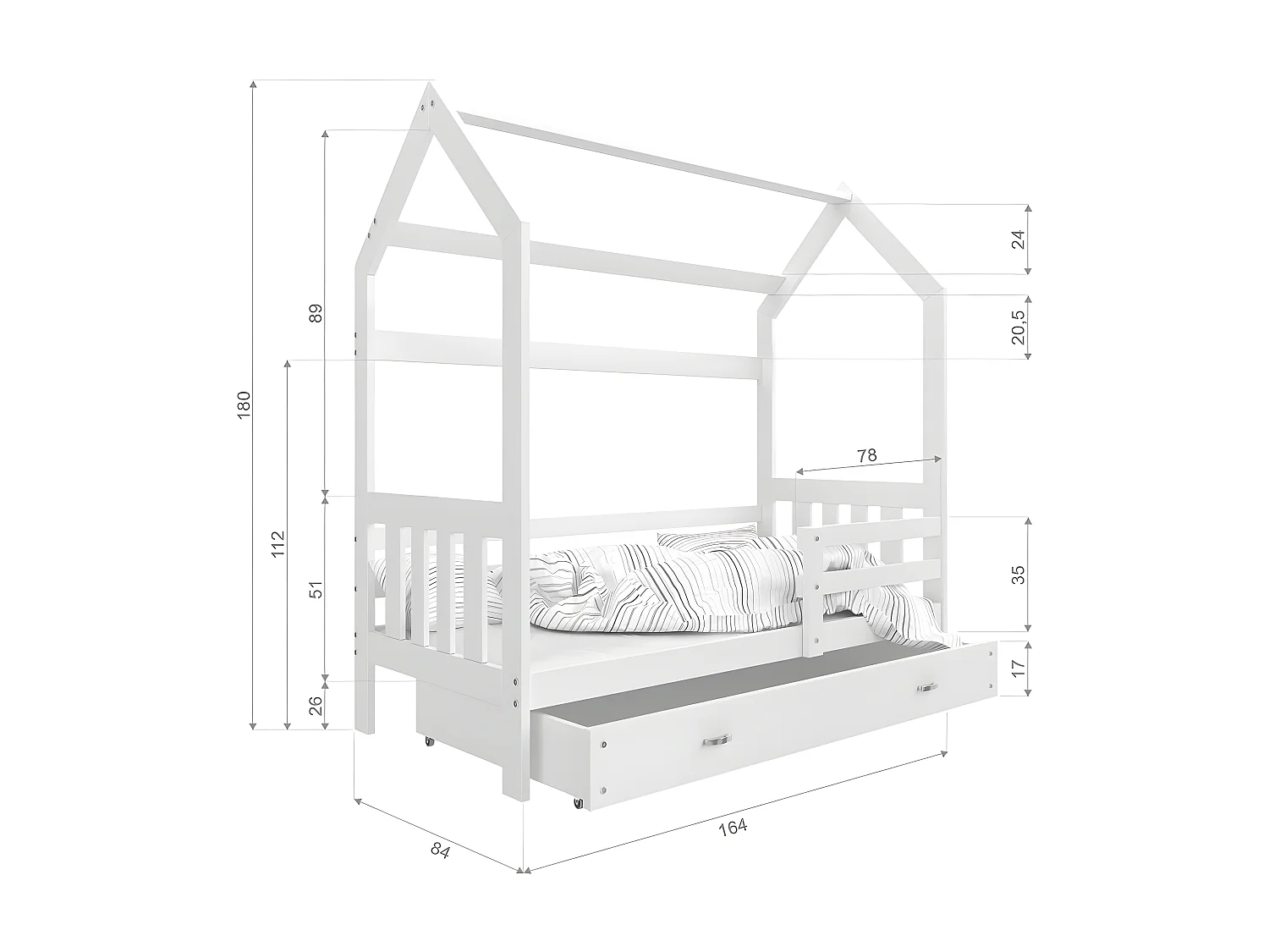 Lit Cabane 2  80x160 Gris - bleu Livré avec sommiers, tiroir et matelas en mousse de 7cm