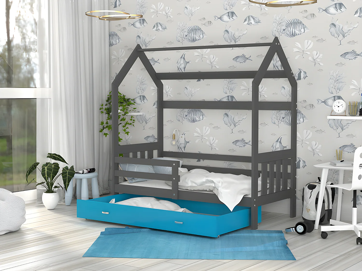 Lit Cabane 2  80x160 Gris - bleu Livré avec sommiers, tiroir et matelas en mousse de 7cm