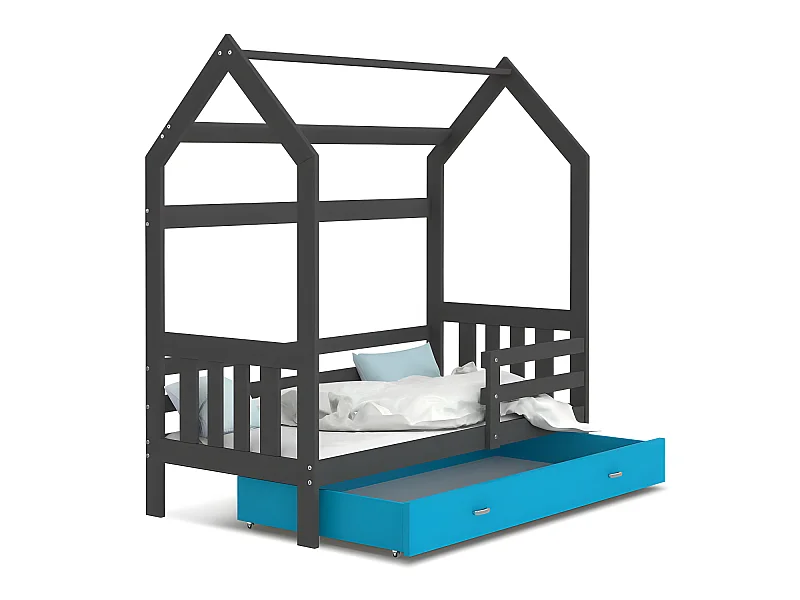 Lit Cabane 2  80x160 Gris - bleu Livré avec sommiers, tiroir et matelas en mousse de 7cm