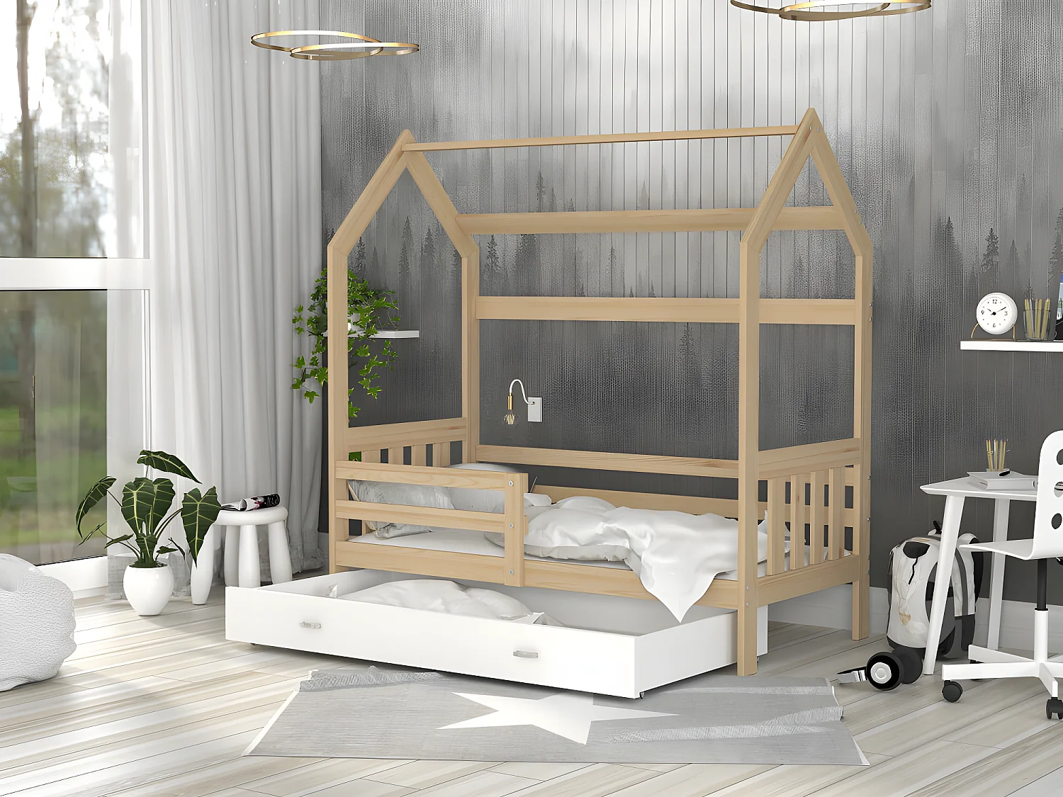 Lit Cabane 2  80x160 Pin - blanc Livré avec sommiers, tiroir et matelas en mousse de 7cm