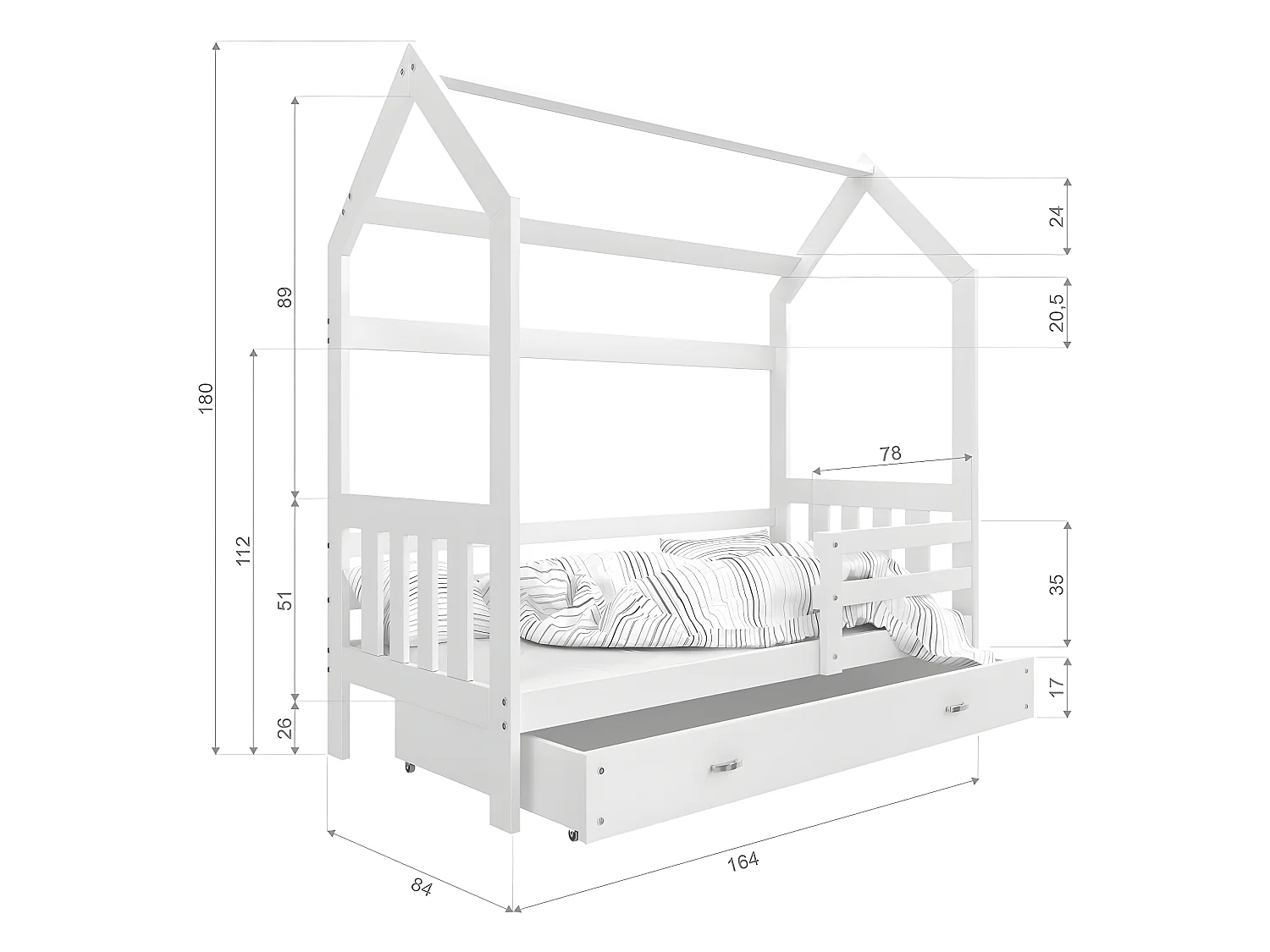 Lit Cabane 2  80x160 Pin - blanc Livré avec sommiers, tiroir et matelas en mousse de 7cm