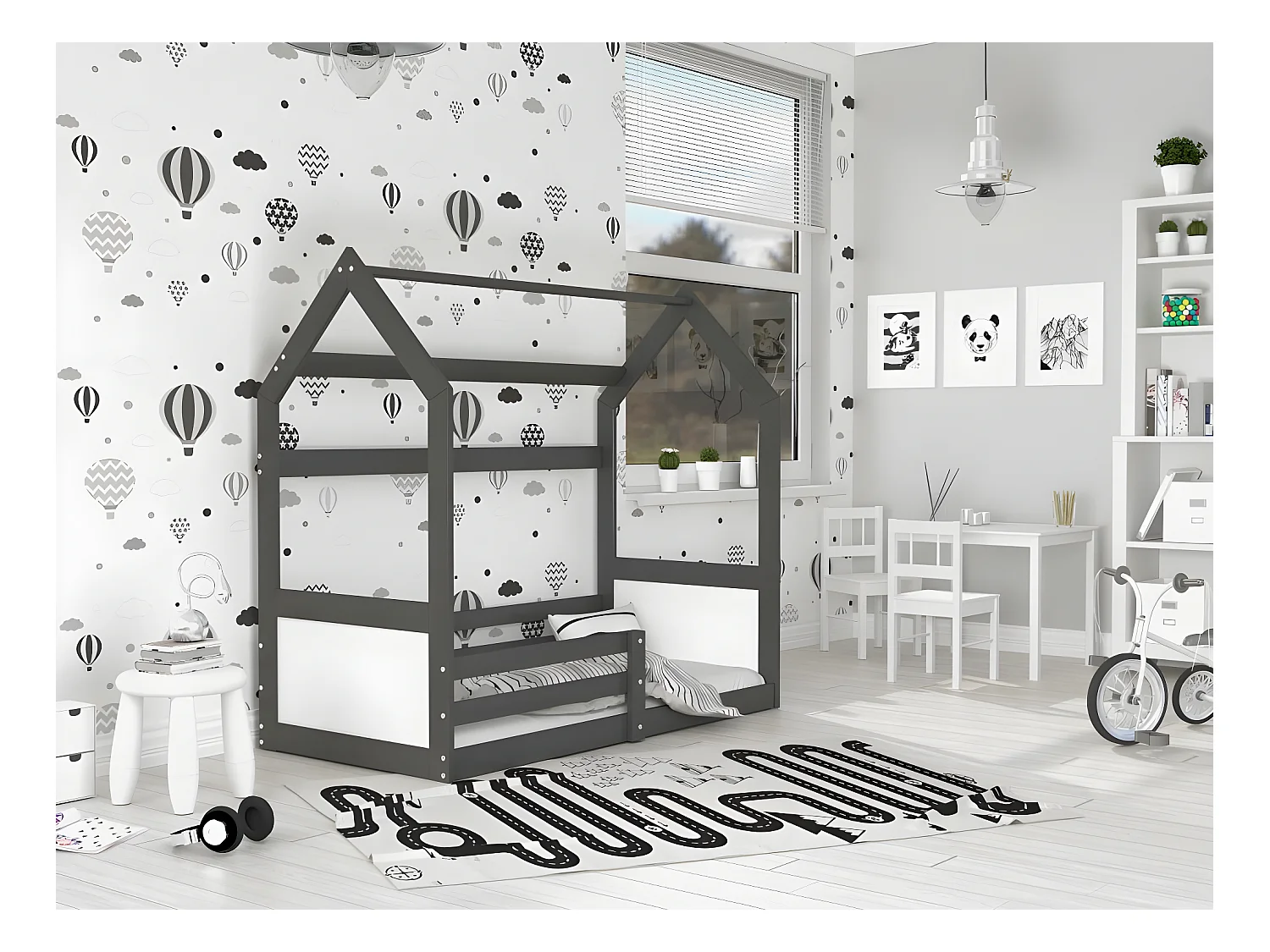 Lit Cabane Miki  80x160 -blanc Gris - blanc Livré avec sommiers