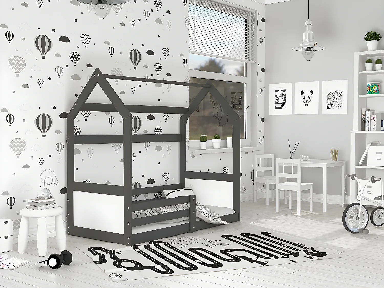 Lit Cabane Miki  80x160 -blanc Gris - blanc Livré avec sommiers