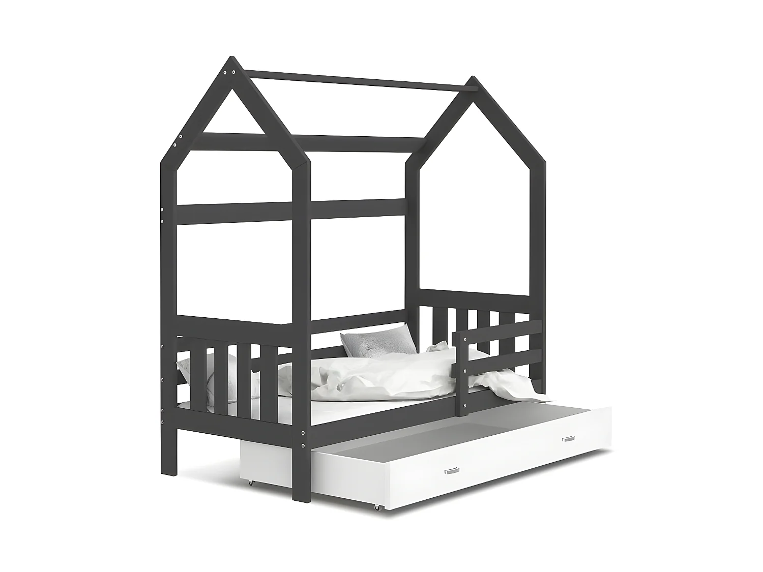 Lit Cabane 2  80x160 Gris - blanc Livré avec sommiers, tiroir et matelas en mousse de 7cm
