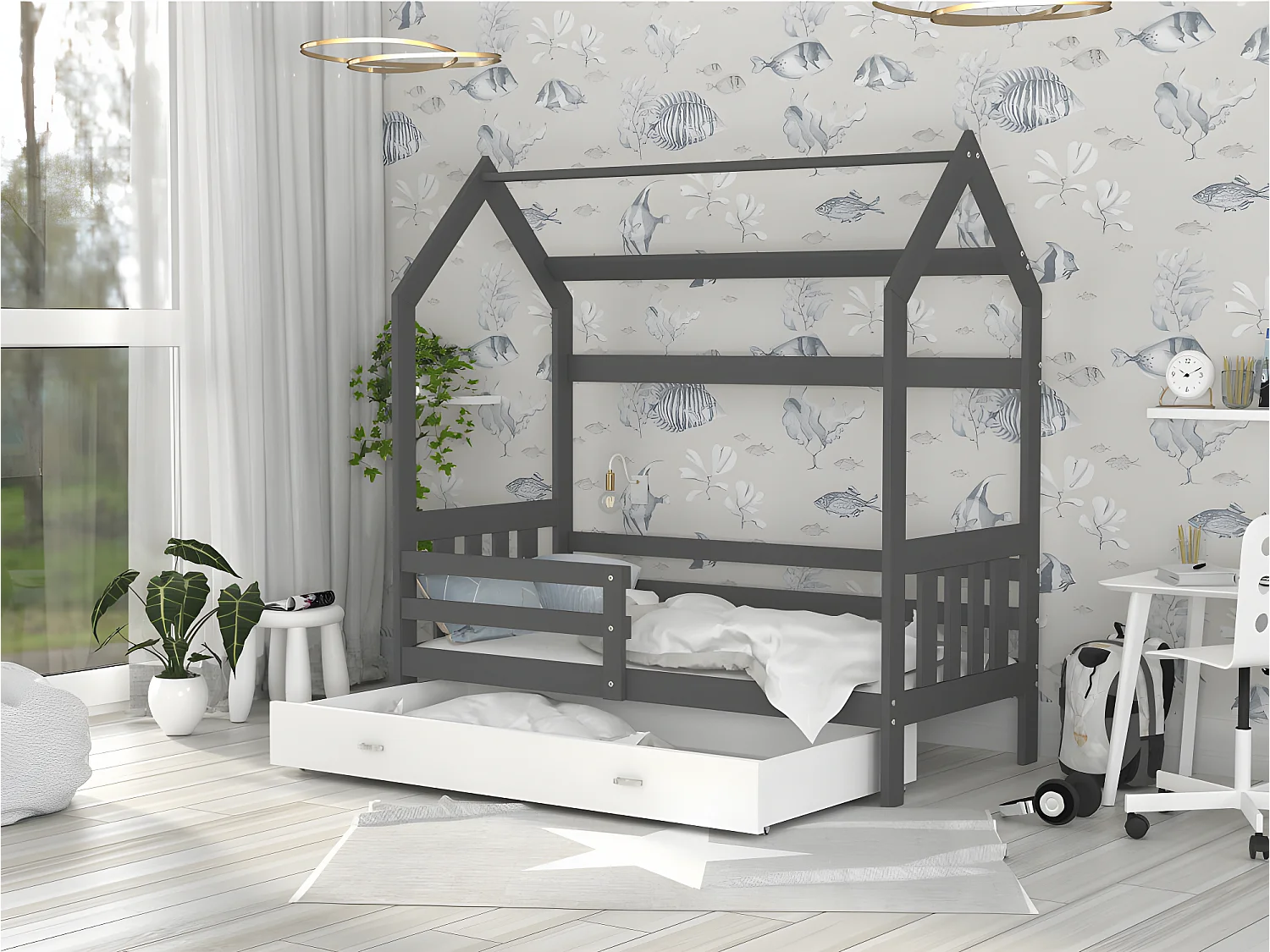 Lit Cabane 2  80x160 Gris - blanc Livré avec sommiers, tiroir et matelas en mousse de 7cm