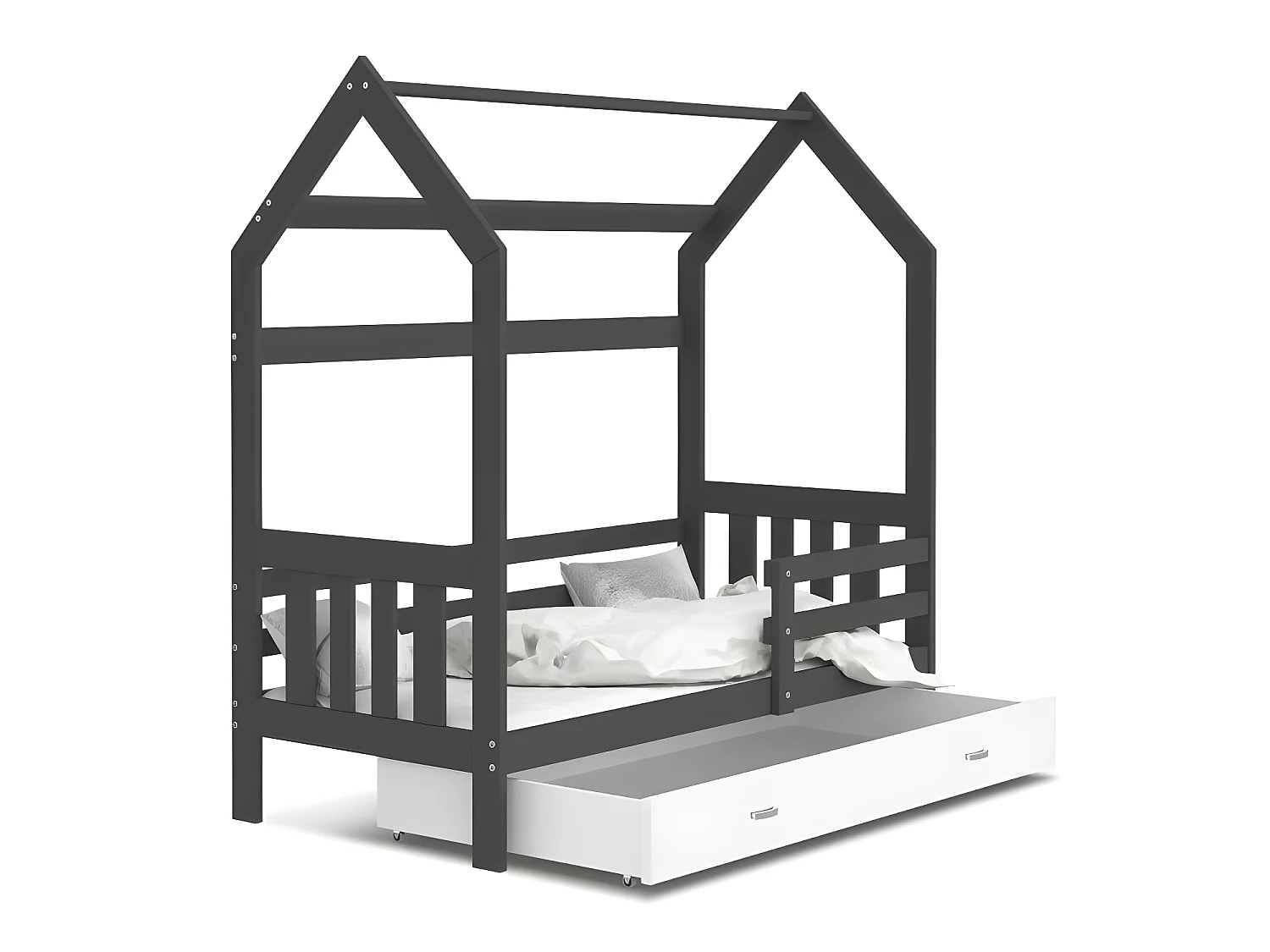 Lit Cabane 2  80x160 Gris - blanc Livré avec sommiers, tiroir et matelas en mousse de 7cm