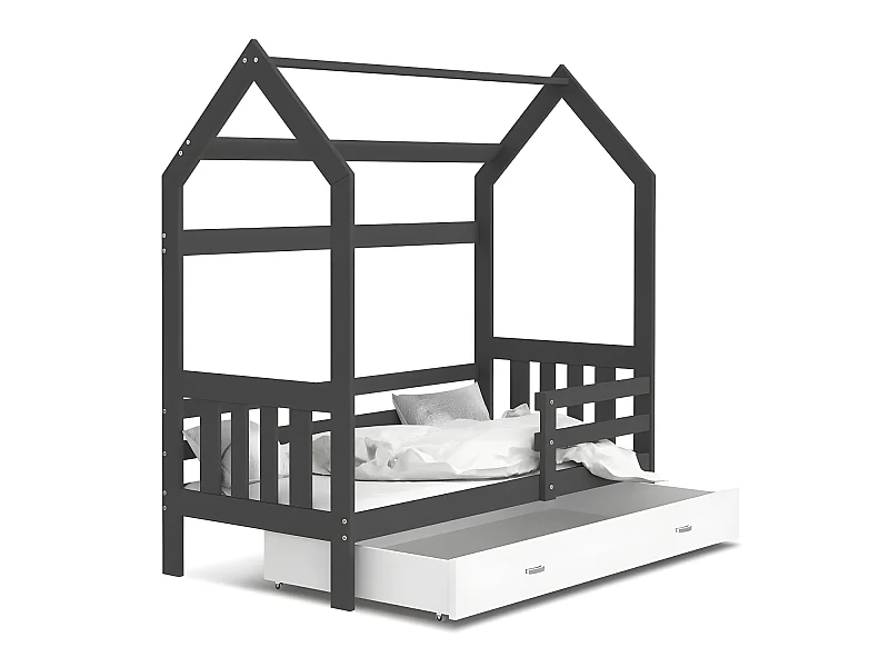 Lit Cabane 2  80x160 Gris - blanc Livré avec sommiers, tiroir et matelas en mousse de 7cm