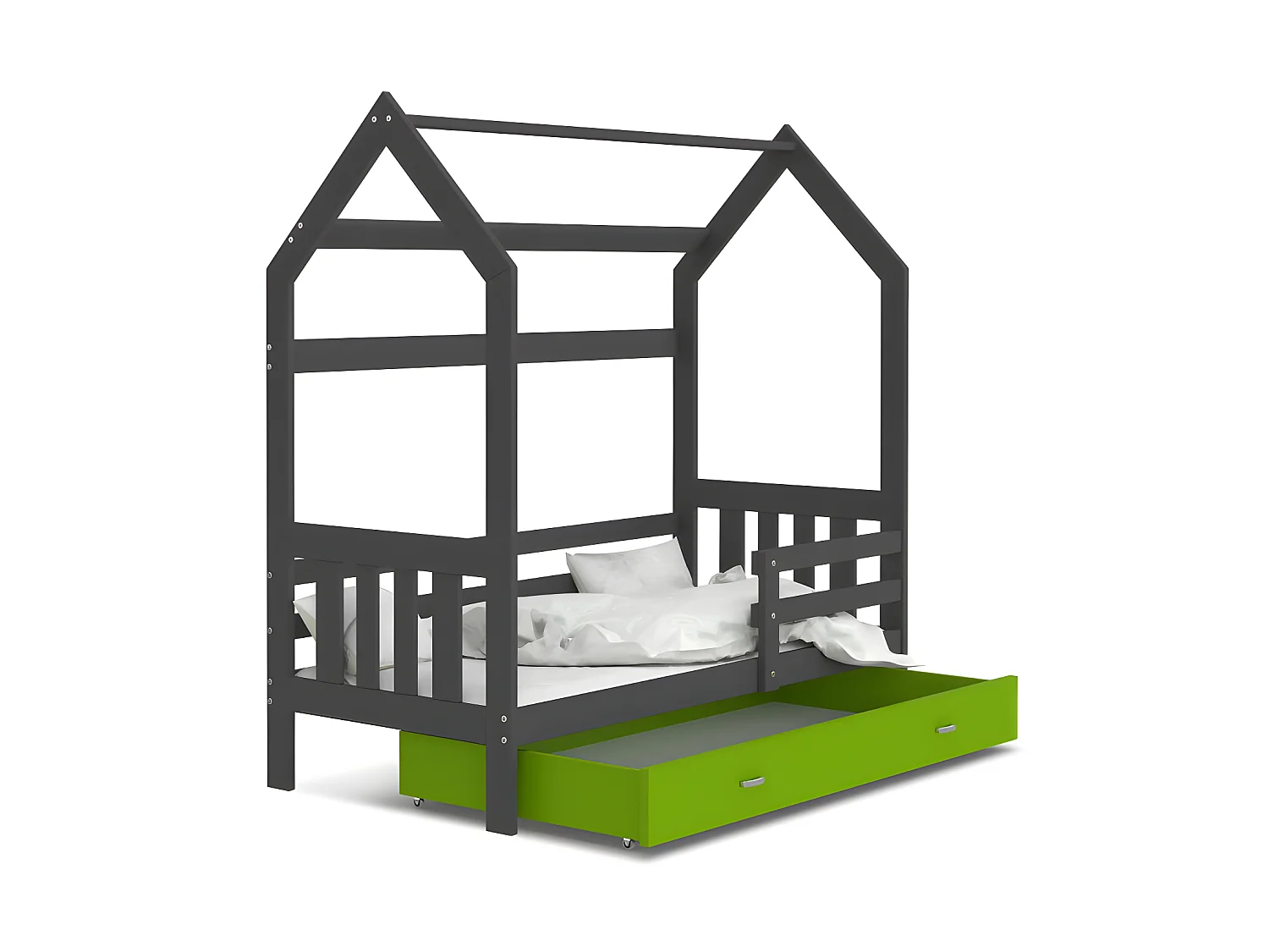 Lit Cabane 2  80x160 Gris - vert Livré avec sommiers, tiroir et matelas en mousse de 7cm