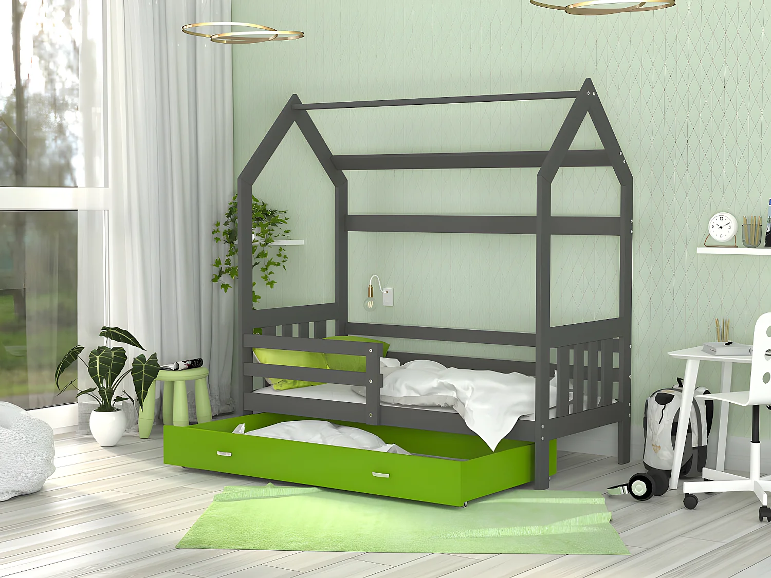 Lit Cabane 2  80x160 Gris - vert Livré avec sommiers, tiroir et matelas en mousse de 7cm