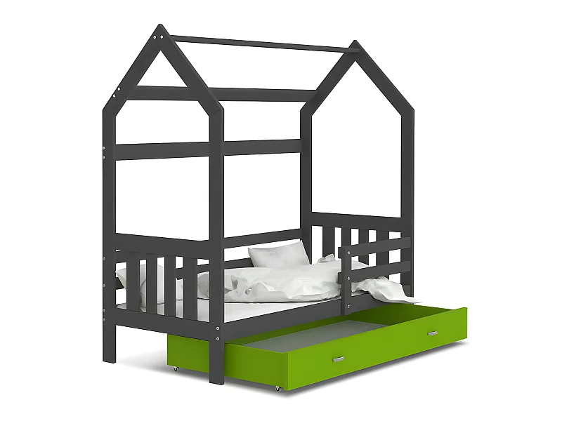 Lit Cabane 2  80x160 Gris - vert Livré avec sommiers, tiroir et matelas en mousse de 7cm