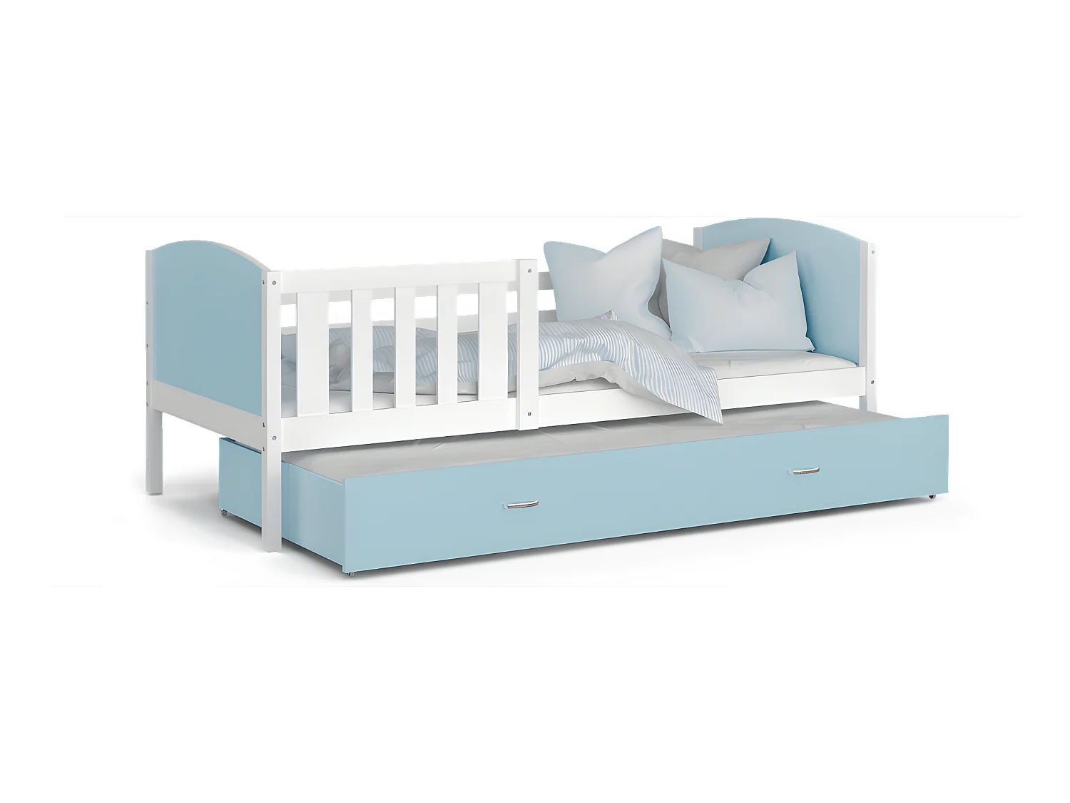 Lit Gigogne Tomy 90x190 Blanc - bleu Livré avec sommiers, tiroir et matelas en mousse de 7cm