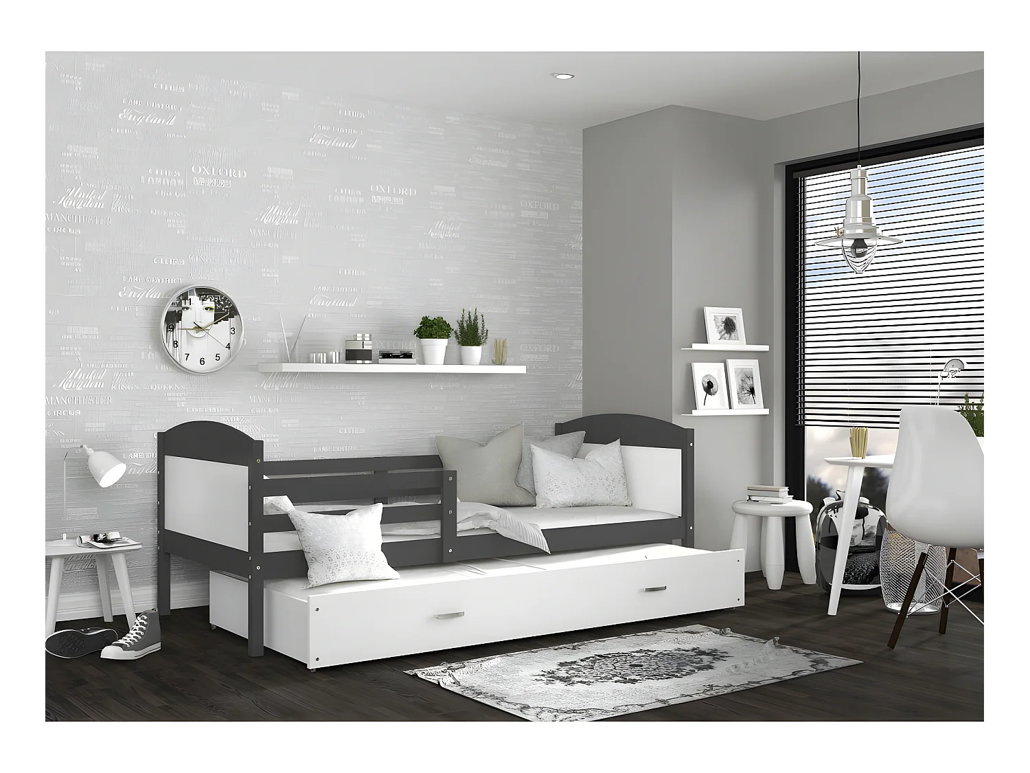 Lit Gigogne Mateo 90x190 Gris - blanc Livré avec sommiers, tiroir et matelas en mousse de 7cm