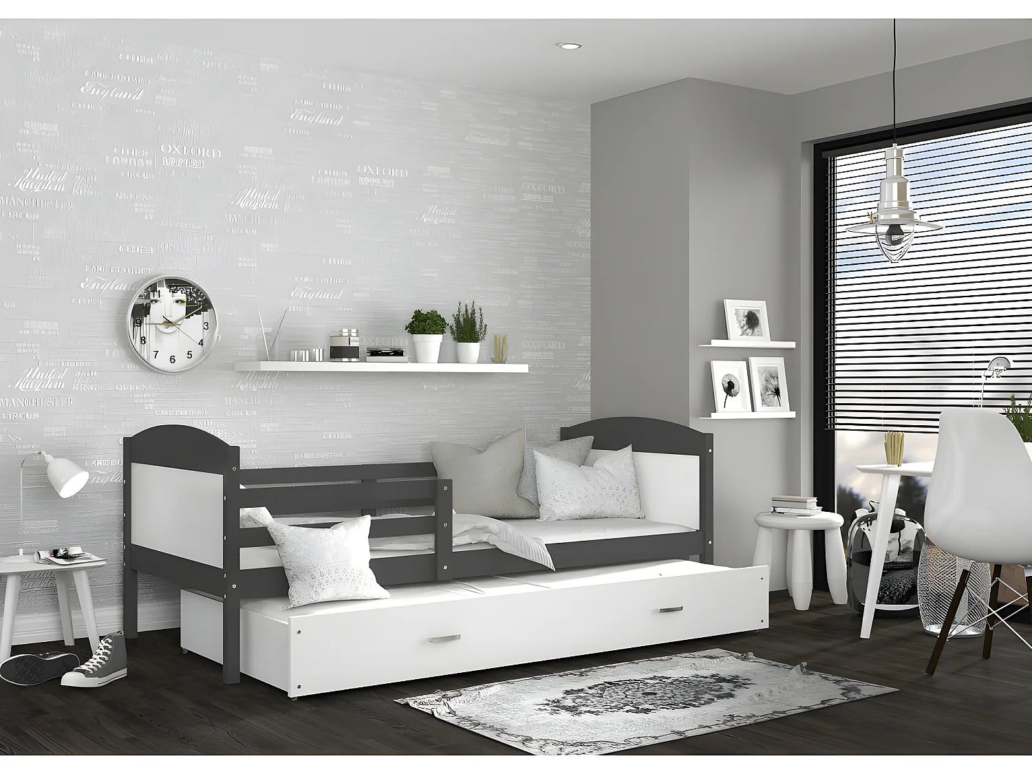 Lit Gigogne Mateo 90x190 Gris - blanc Livré avec sommiers, tiroir et matelas en mousse de 7cm