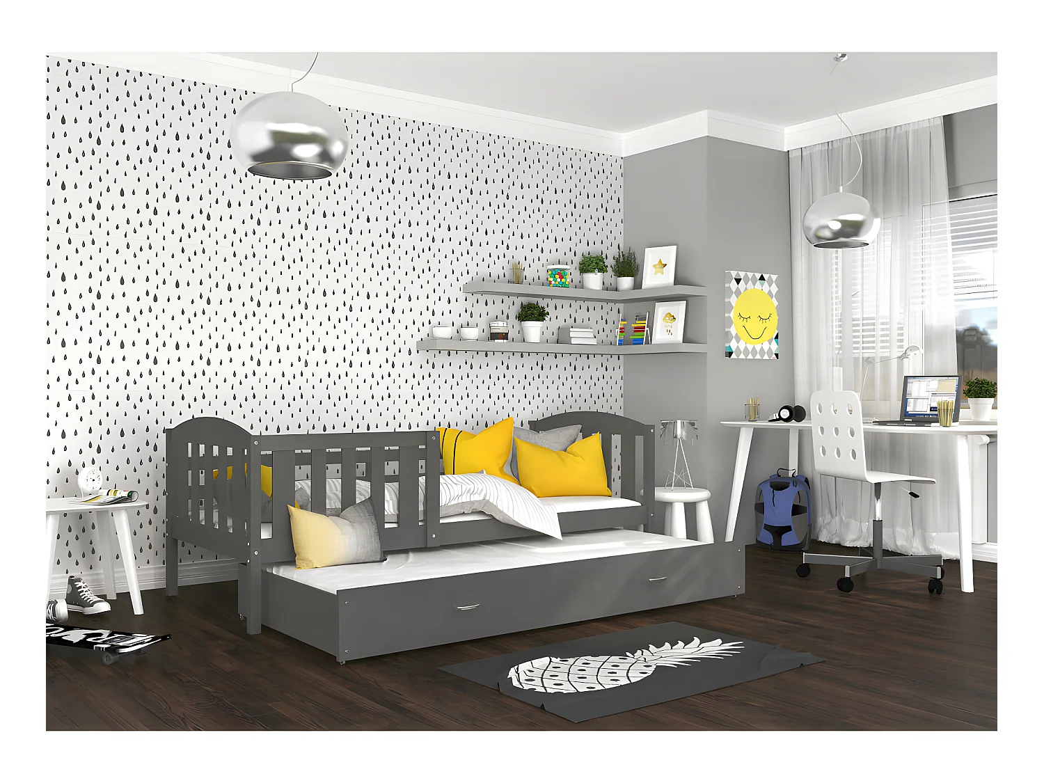 Lit Gigogne Teo 90x190 Gris - gris Livré avec sommiers, tiroir et matelas en mousse de 7cm