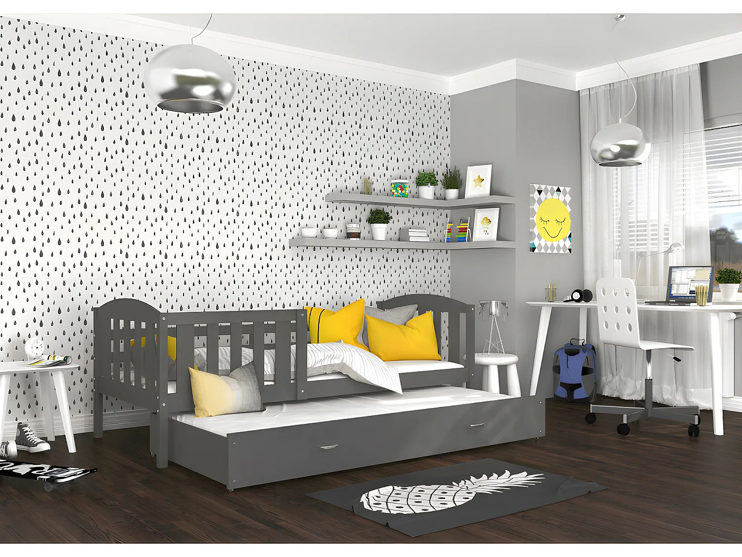 Lit Gigogne Teo 90x190 Gris - gris Livré avec sommiers, tiroir et matelas en mousse de 7cm