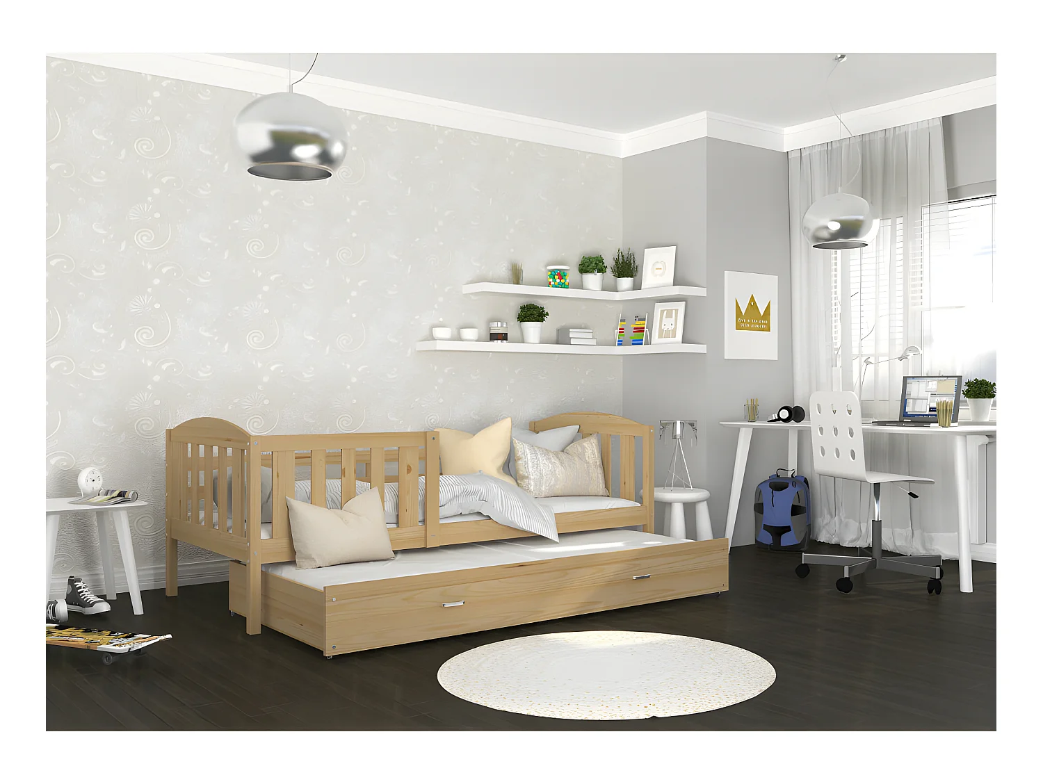 Lit Gigogne Teo 90x190 Pin Livré avec sommiers, tiroir et matelas en mousse de 7cm