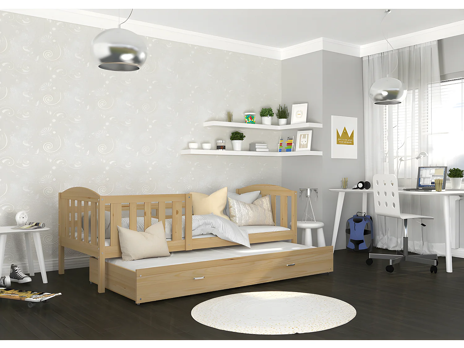 Lit Gigogne Teo 90x190 Pin Livré avec sommiers, tiroir et matelas en mousse de 7cm