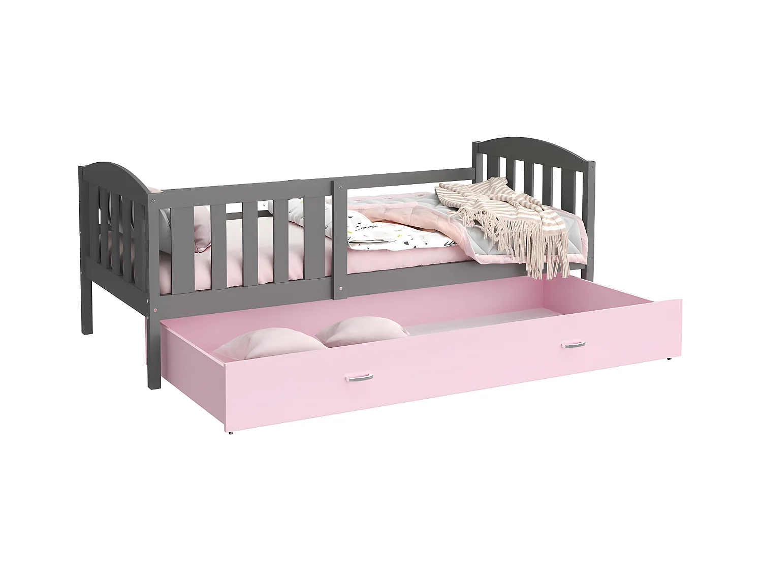 Lit Gigogne Teo 90x190 Gris - rose Livré avec sommiers, tiroir et matelas en mousse de 7cm