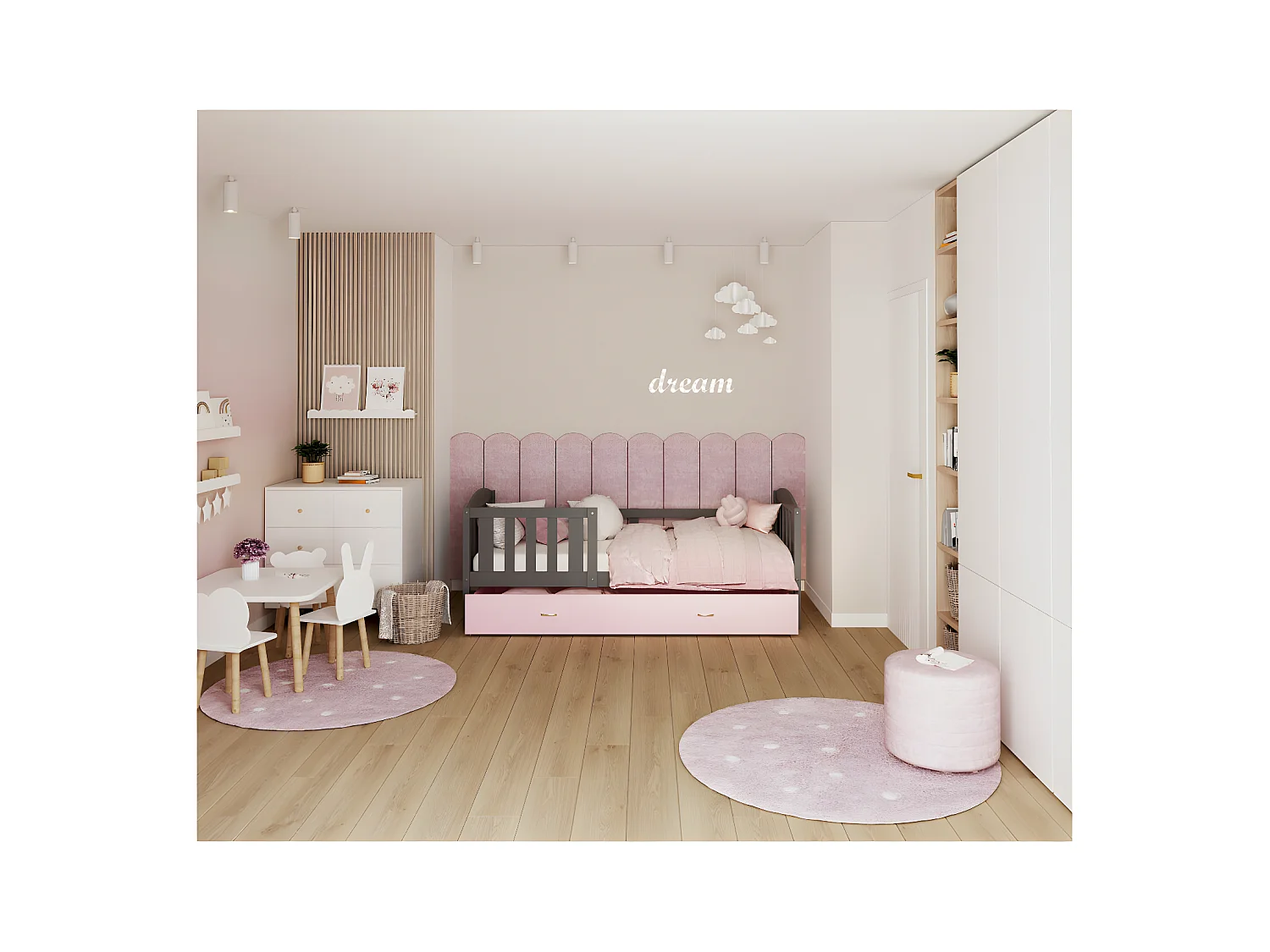 Lit Gigogne Teo 90x190 Gris - rose Livré avec sommiers, tiroir et matelas en mousse de 7cm