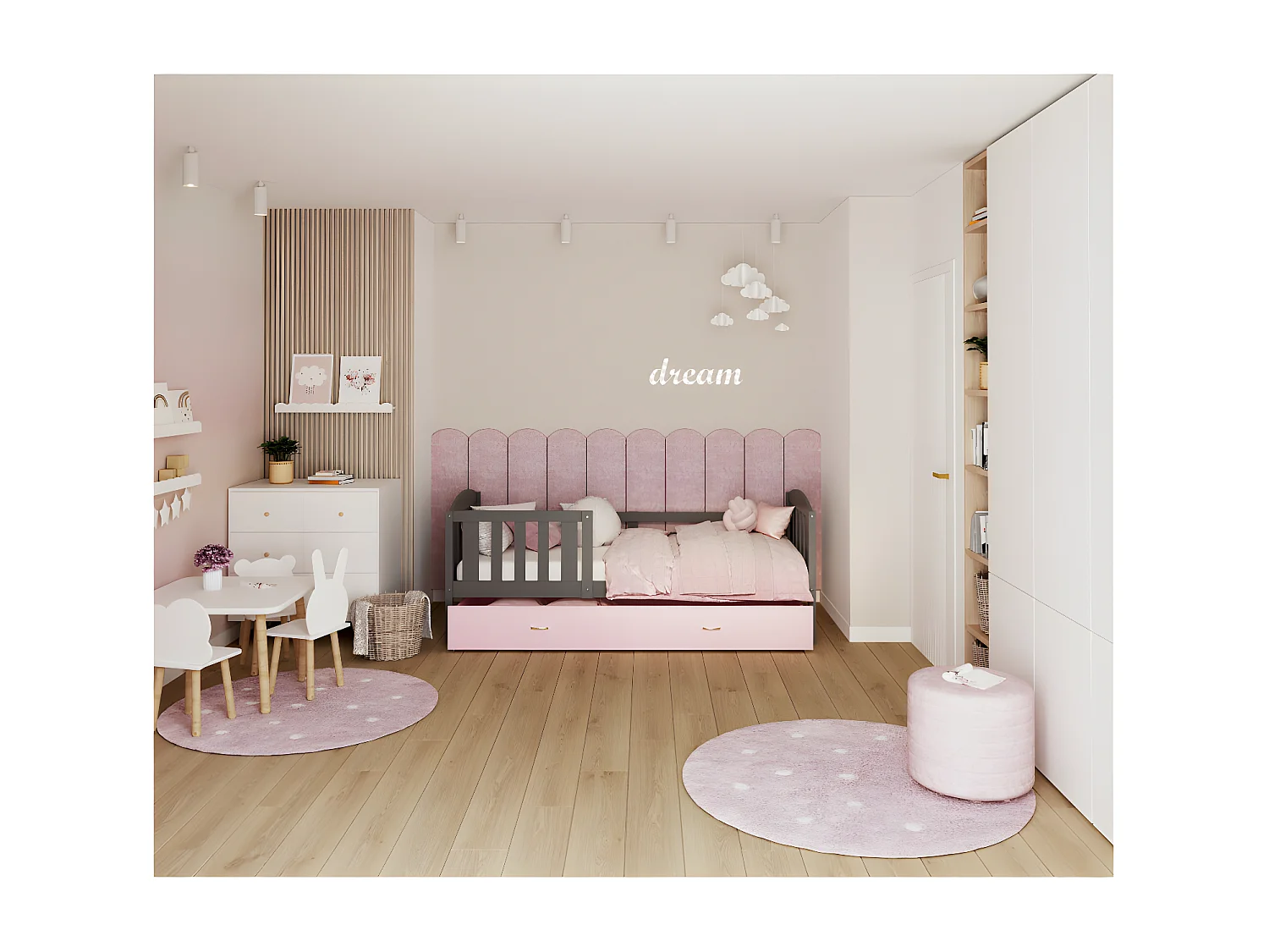 Lit Gigogne Teo 90x190 Gris - rose Livré avec sommiers, tiroir et matelas en mousse de 7cm