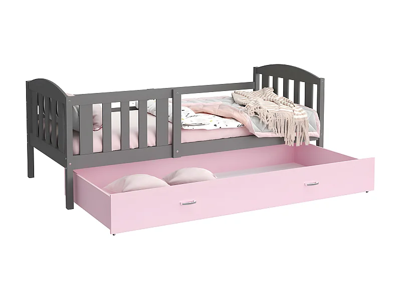 Lit Gigogne Teo 90x190 Gris - rose Livré avec sommiers, tiroir et matelas en mousse de 7cm