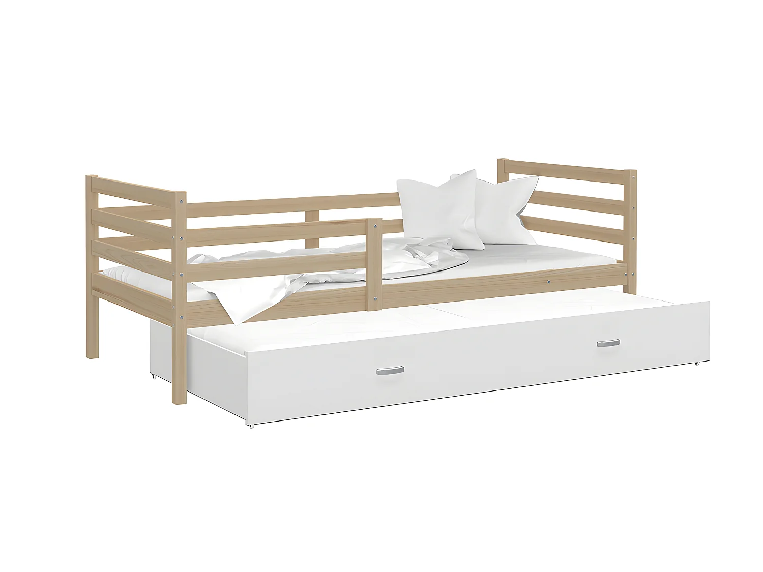 Lit Gigogne Milo 90x190 Pin - blanc Livré avec sommiers, tiroir et matelas en mousse de 7cm