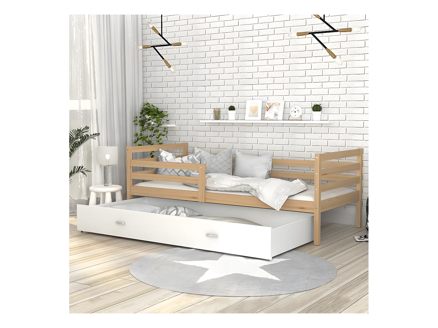 Lit Gigogne Milo 90x190 Pin - blanc Livré avec sommiers, tiroir et matelas en mousse de 7cm