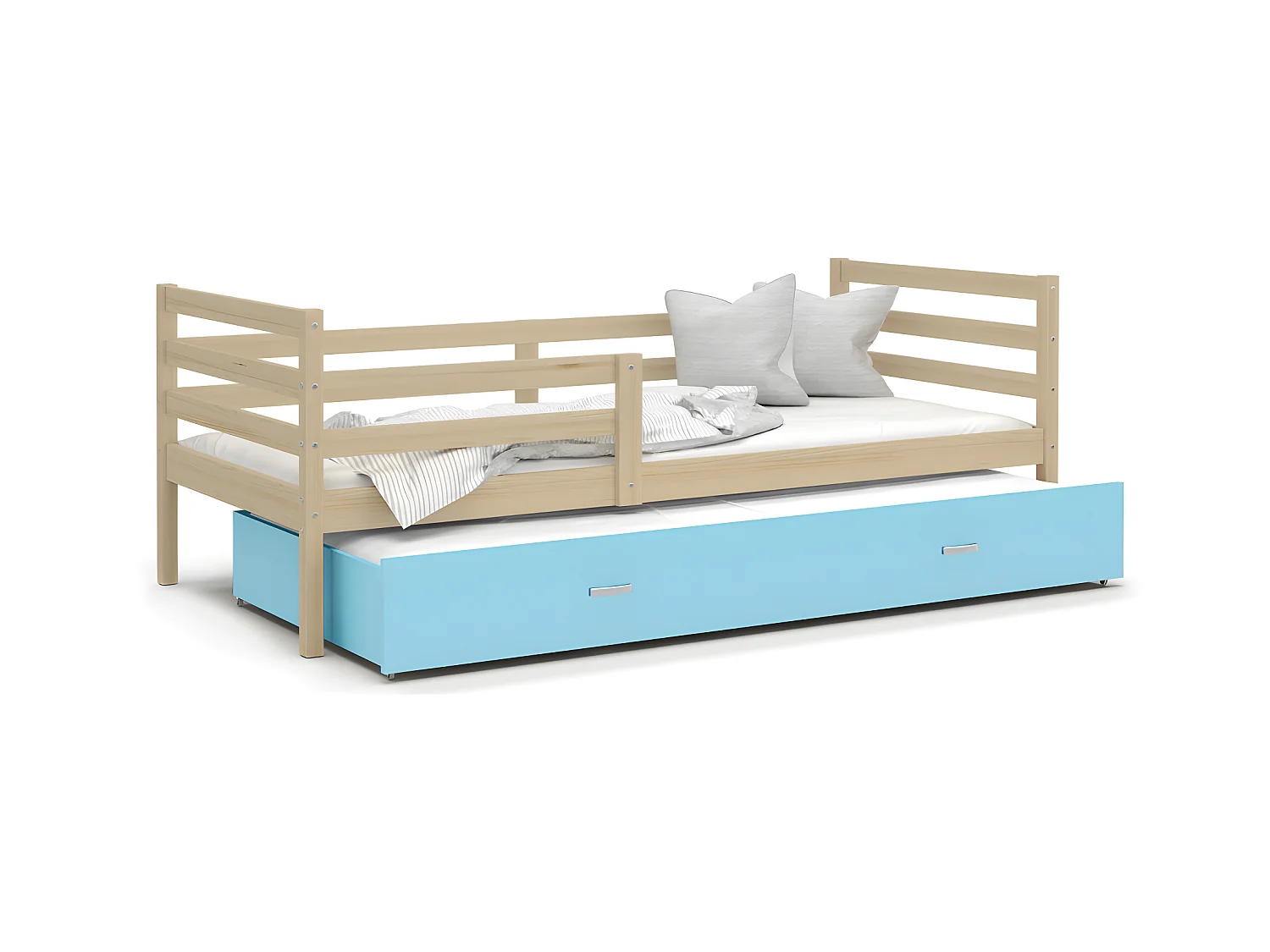 Lit Gigogne Milo 90x190 Pin - bleu Livré avec sommiers, tiroir et matelas en mousse de 7cm