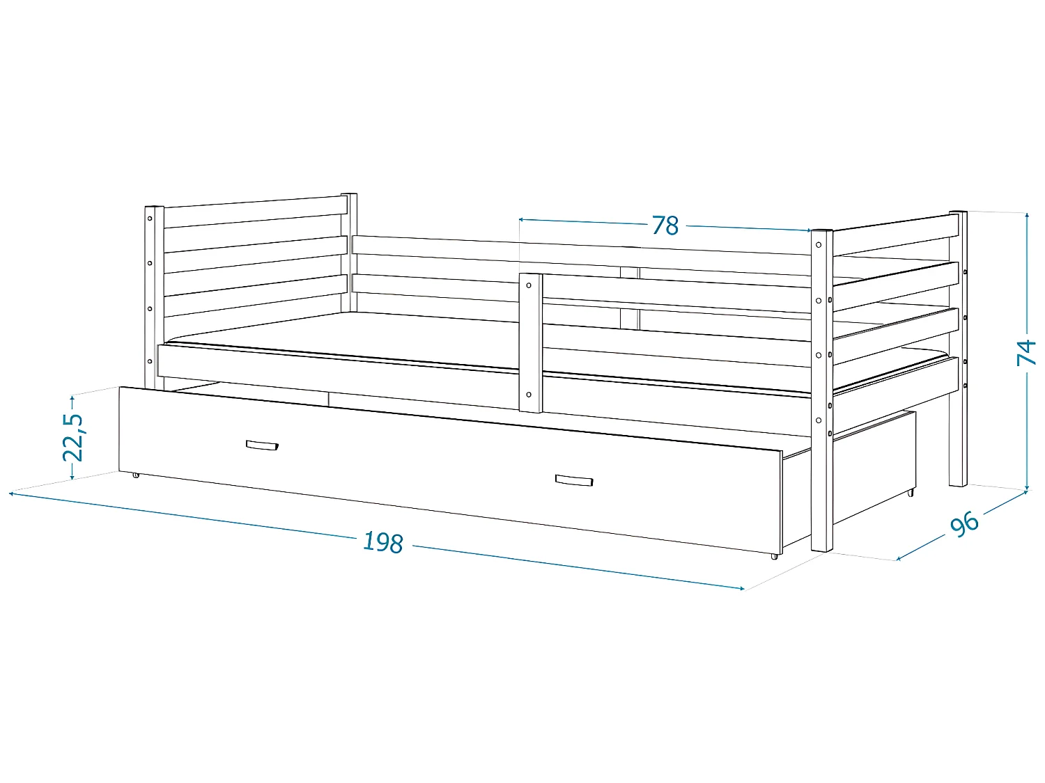 Lit Gigogne Milo 90x190 Pin - bleu Livré avec sommiers, tiroir et matelas en mousse de 7cm