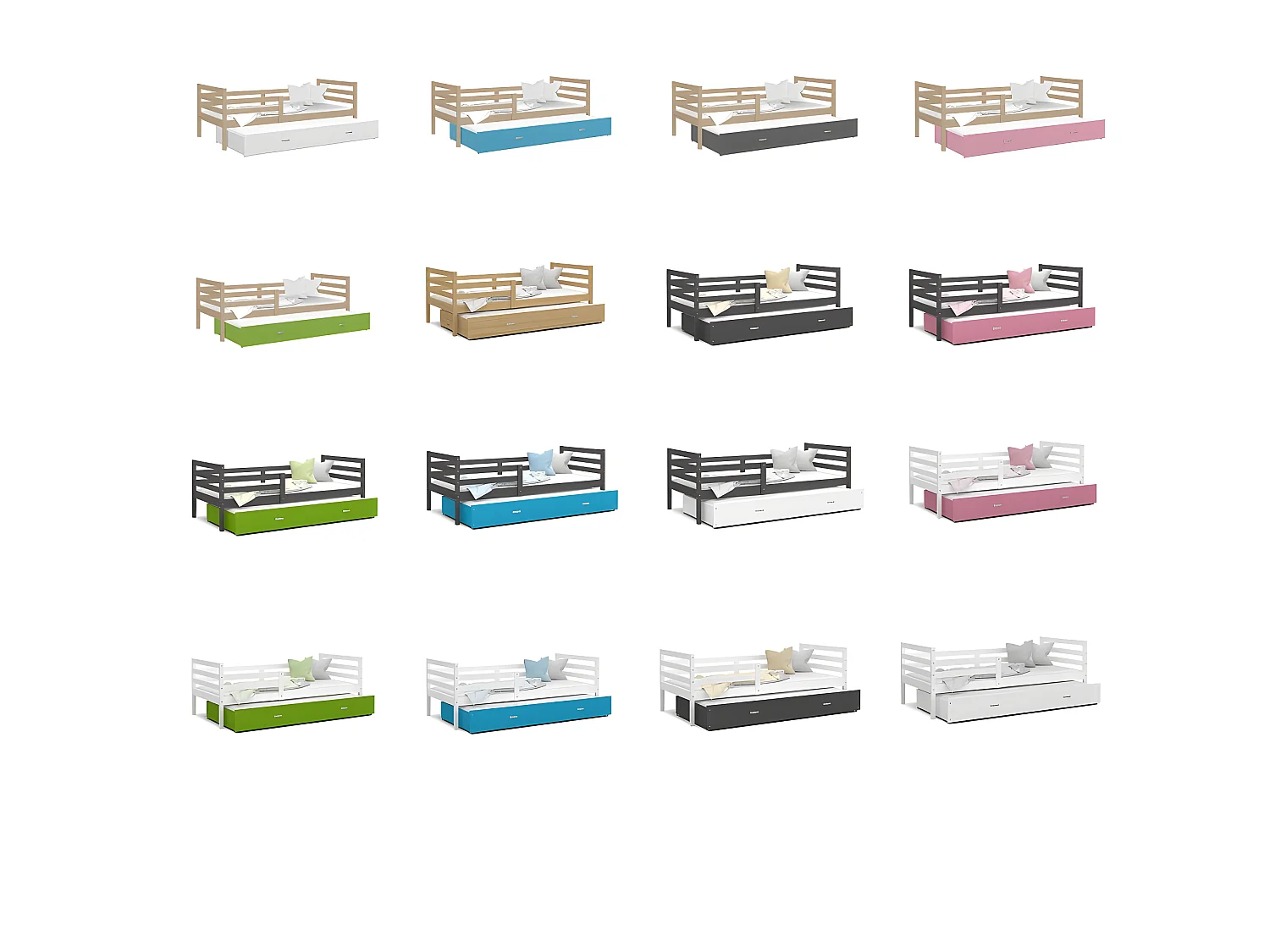 Lit Gigogne Milo 90x190 Pin - bleu Livré avec sommiers, tiroir et matelas en mousse de 7cm